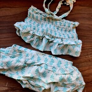 Blue and Ivory Coral Print Baby Beach Outfits, 3-6m